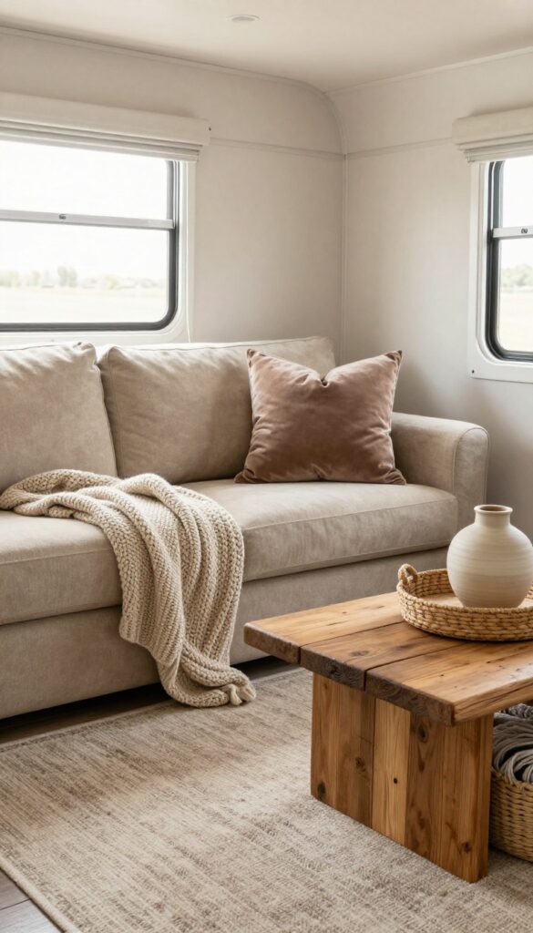 Cozy single wide living room with layered textures including knit throw, velvet pillows, woven basket, and wooden coffee table in natural light.