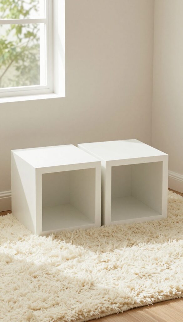 A cluster of storage cubes topped with a fluffy sheepskin rug in a cozy living room corner.