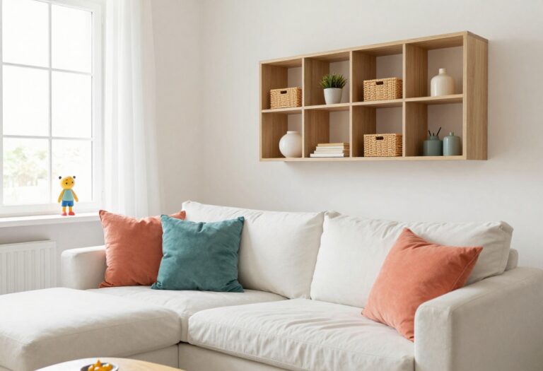 Bright living room with colorful Toca Boca-inspired decor and smart storage solutions