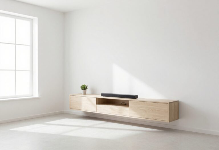 Living room with a floating TV console in light wood, clean wall, hidden cables, and a small plant.