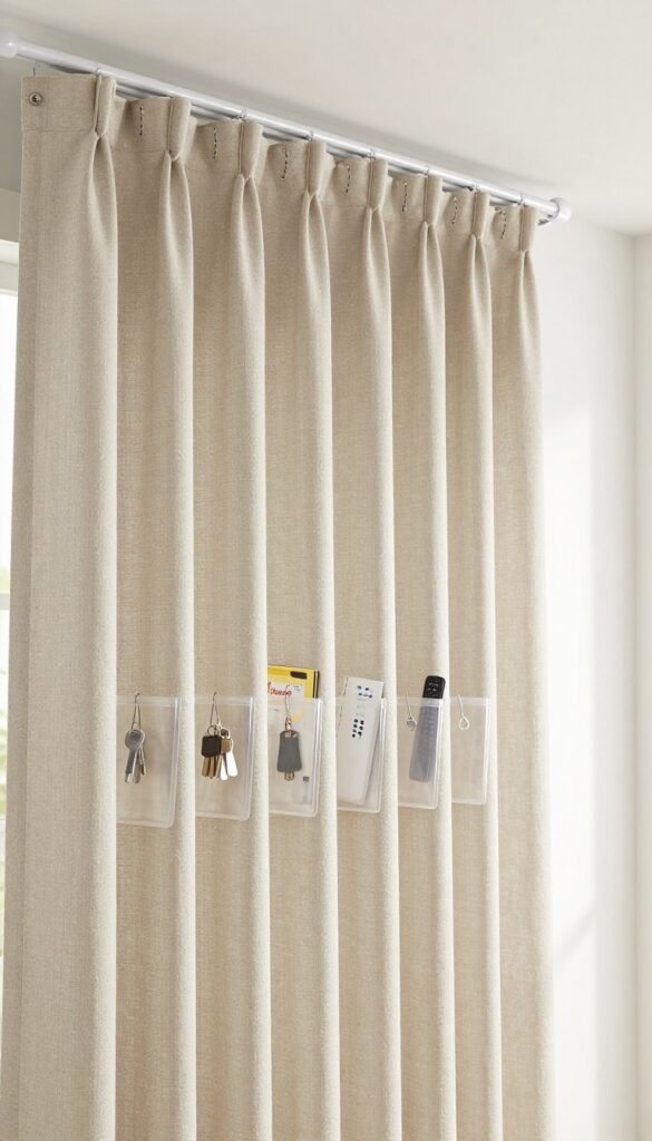 Ceiling-mounted curtain track with clear pocket organizers on the back of a linen drape, serving as a room divider and storage solution in a bright living-dining area.