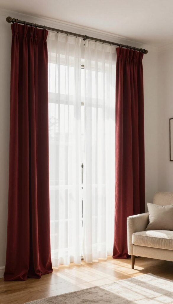 Layered window treatments with sheer curtains and thrifted velvet drapes in a cozy living room