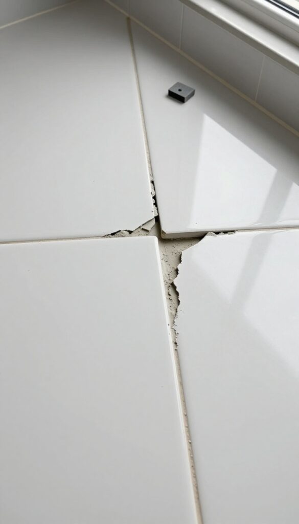 Close-up of bathroom tiles with damaged grout being repaired using a grout saw and rubber float, bright natural light.