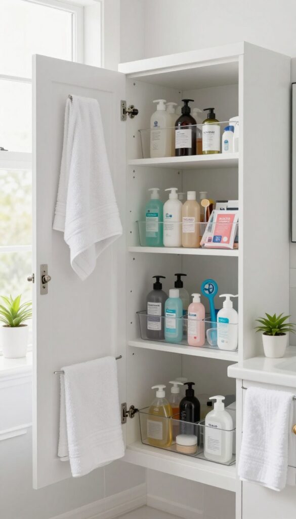 Organized bathroom cabinets with clear bins and grouped toiletries, clean countertop, natural light