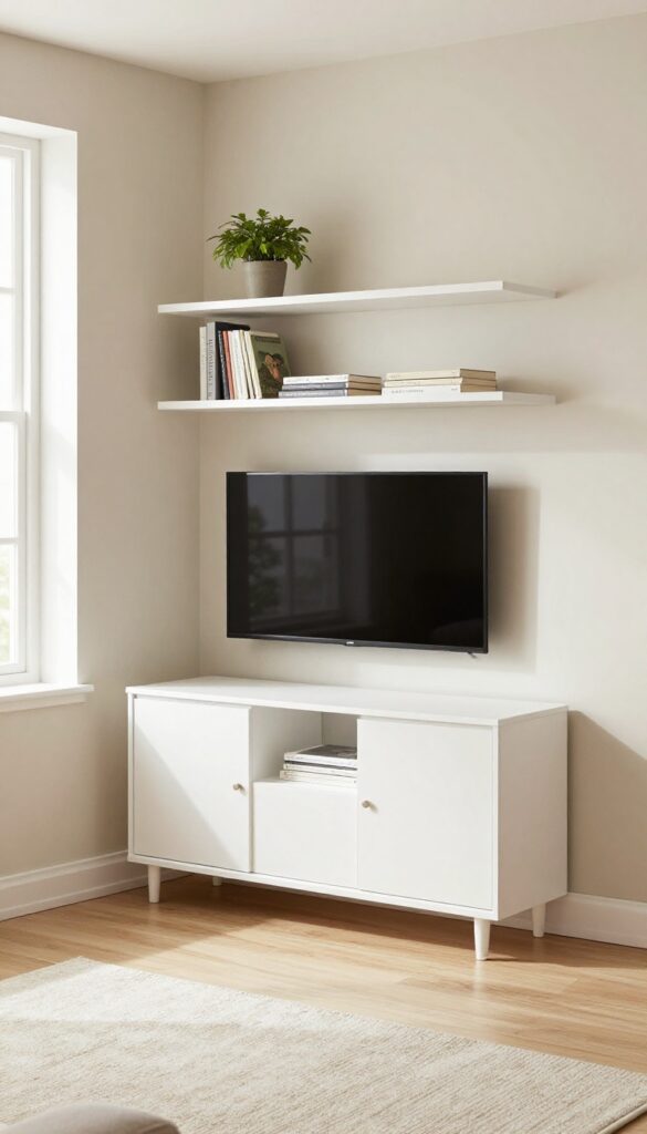 Corner TV unit with wraparound storage in a bright living room