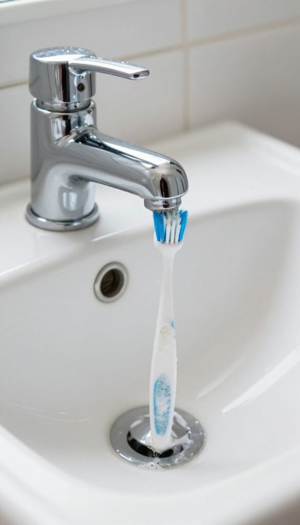 A toothbrush scrubbing the base of a bathroom faucet to remove grime.