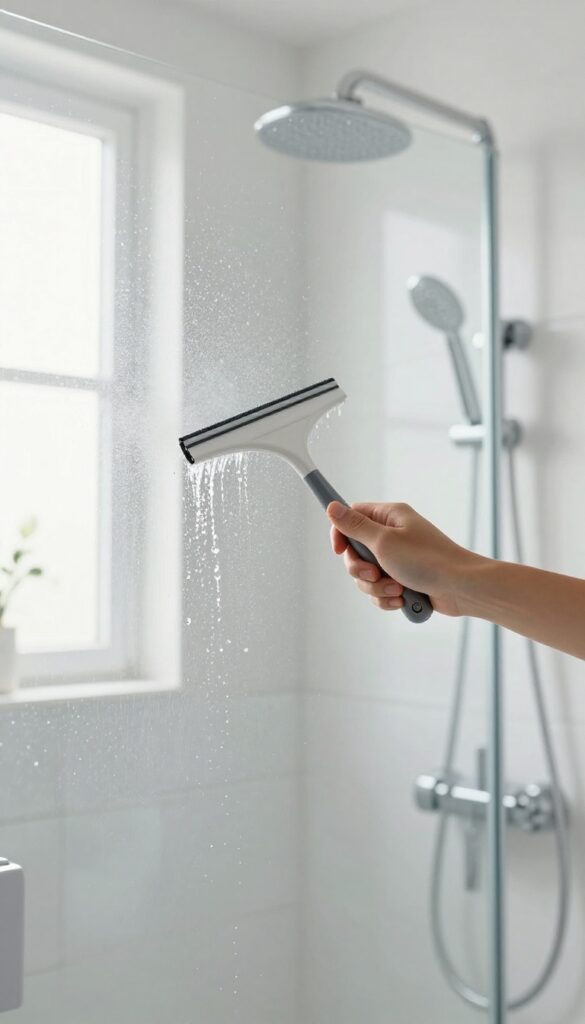 Hand squeegeeing a clean glass shower door in a bright bathroom