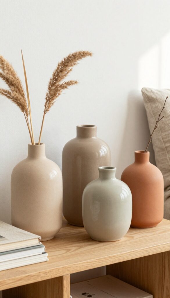 A shelf styled with ceramic vases and pottery in earthy tones, with dried pampas grass and books, in natural light.