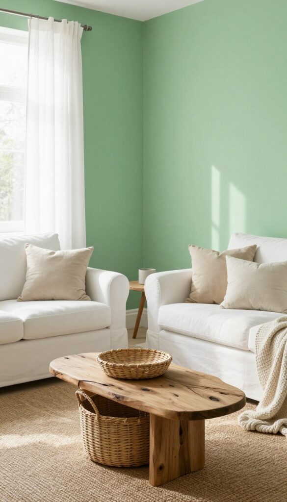 Living room with seafoam green accent wall, white sofa, jute rug, and coastal decor accents.