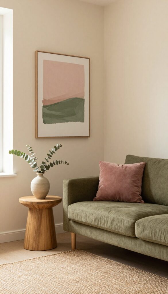 Dusty rose velvet chair and olive green linen sofa in a bright living room with jute rug, ceramic vase, and abstract art.