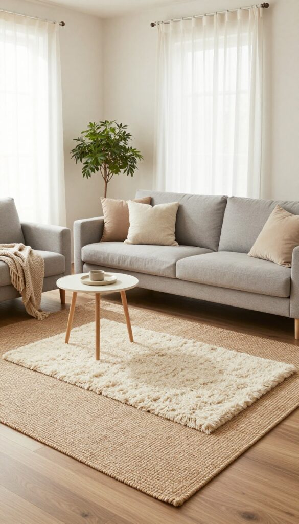 Cozy modern living room with layered jute and shag rugs, neutral tones, and soft natural light.