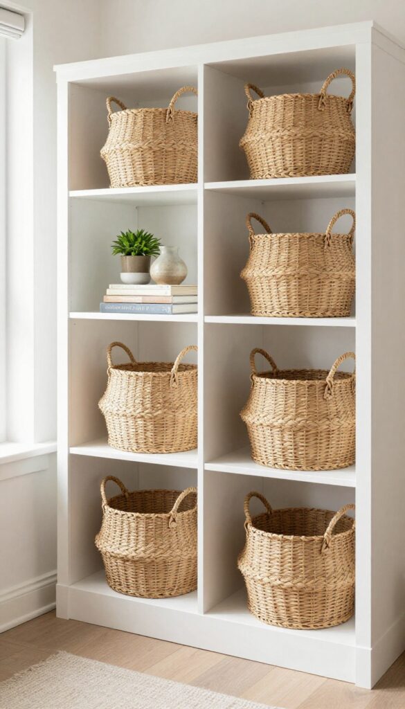 Bookcase with woven baskets for hidden storage in a bright living room