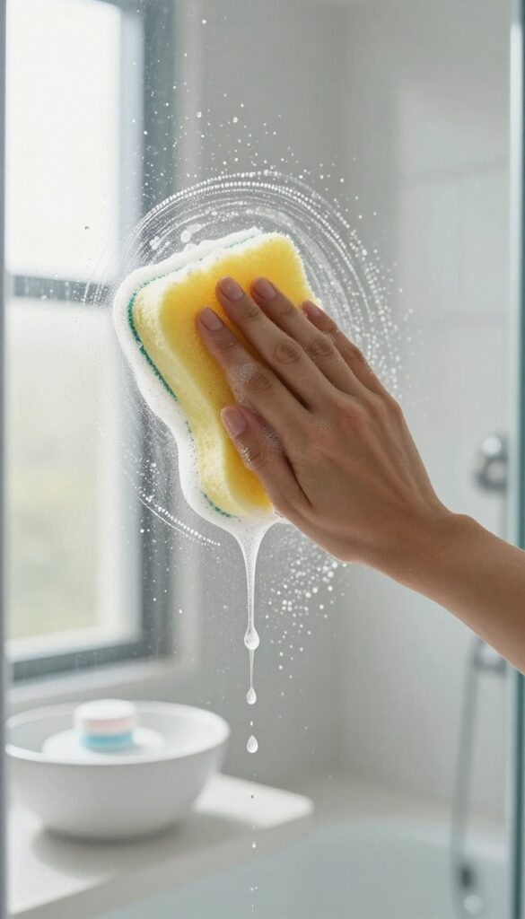 Cleaning a cloudy glass shower door with a sponge and dishwasher tablet solution in a bright bathroom
