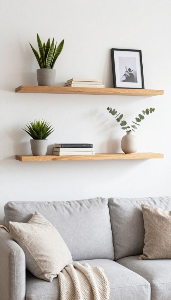 Floating shelves with books, plant, and decor in a bright living room