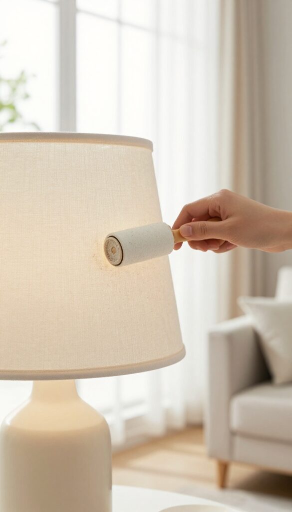 Person using a lint roller to clean a fabric lampshade in a bright living room