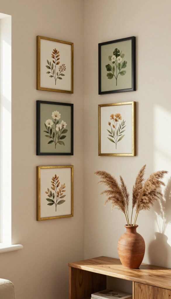 Cozy living room corner with magnetic wall and tin frames displaying botanical art in warm natural light