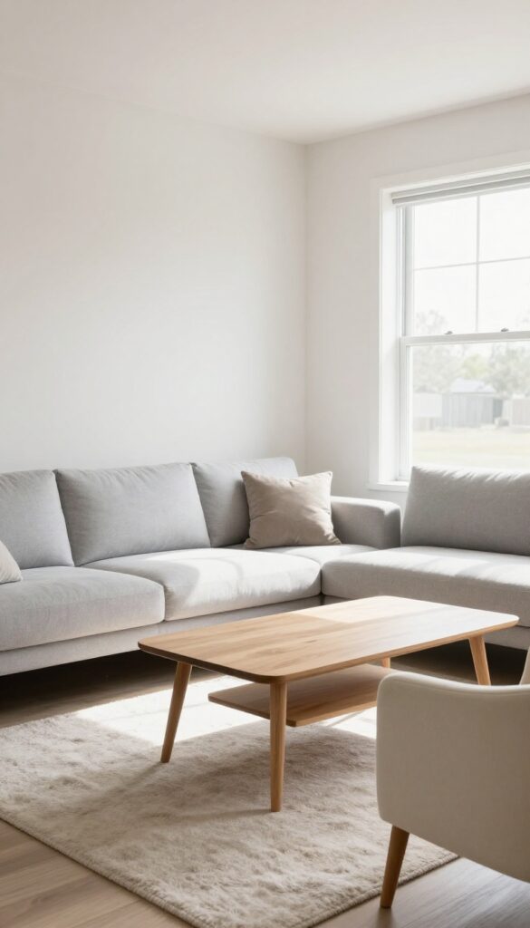 Living room with furniture featuring exposed legs, creating an airy and spacious feel.