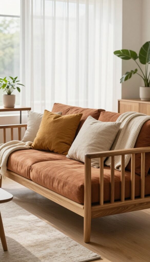 Small modern living room with a wooden slatted sofa, warm wood tones, rust cushions, chunky knit throw, and natural light