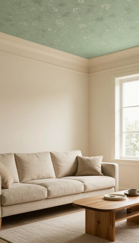 Living room with wallpaper ceiling in soft sage floral print, warm cream walls, natural light, cozy furniture.