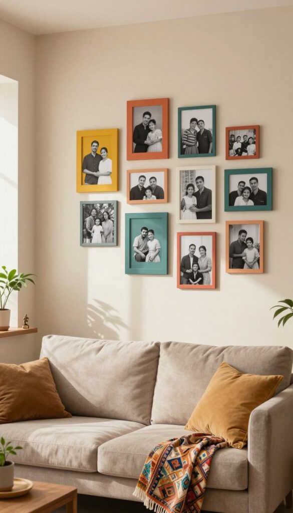Gallery wall of family photos in bright mismatched frames in a cozy Indian living room