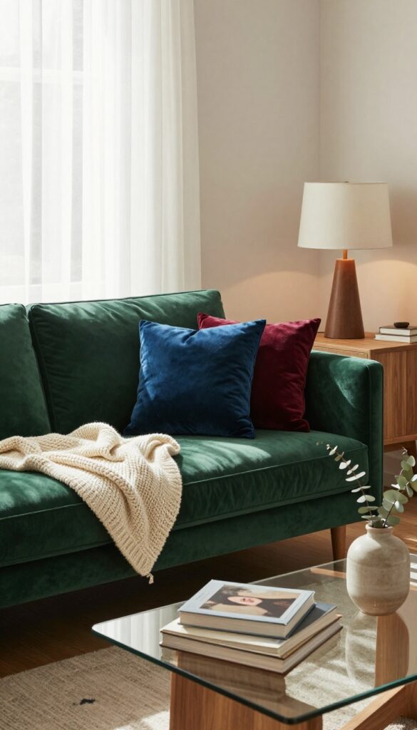 Emerald green velvet sofa in a cozy living room with knit throw and pillows, glass coffee table, and warm natural light