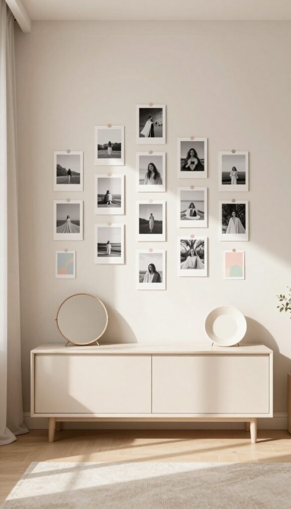 A cozy living room gallery wall with mixed small frames, postcards, a round mirror, and a ceramic plate, arranged loosely above a console table, with natural light from a window.
