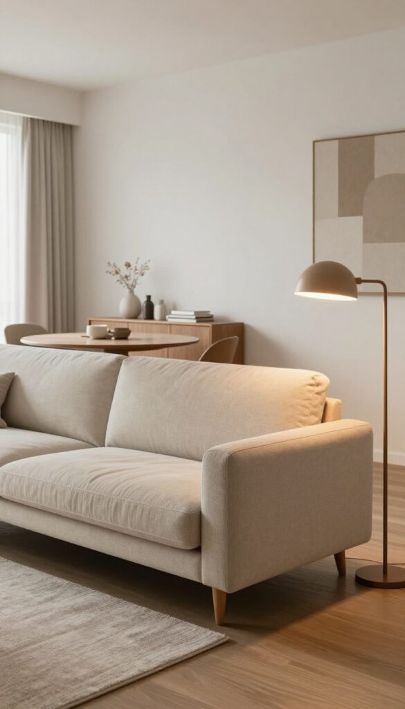 Low-back sofa dividing a small living room and dining area, with rug and floor lamp defining zones