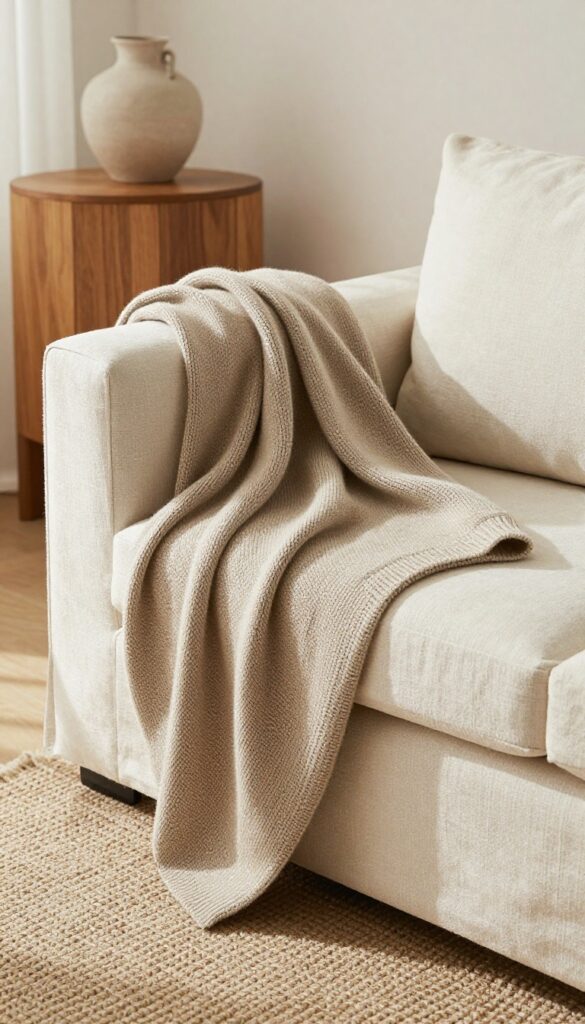 Chunky knit throw draped over sofa arm in neutral living room