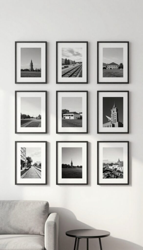 Monochrome grid of black-and-white photos on a living room wall