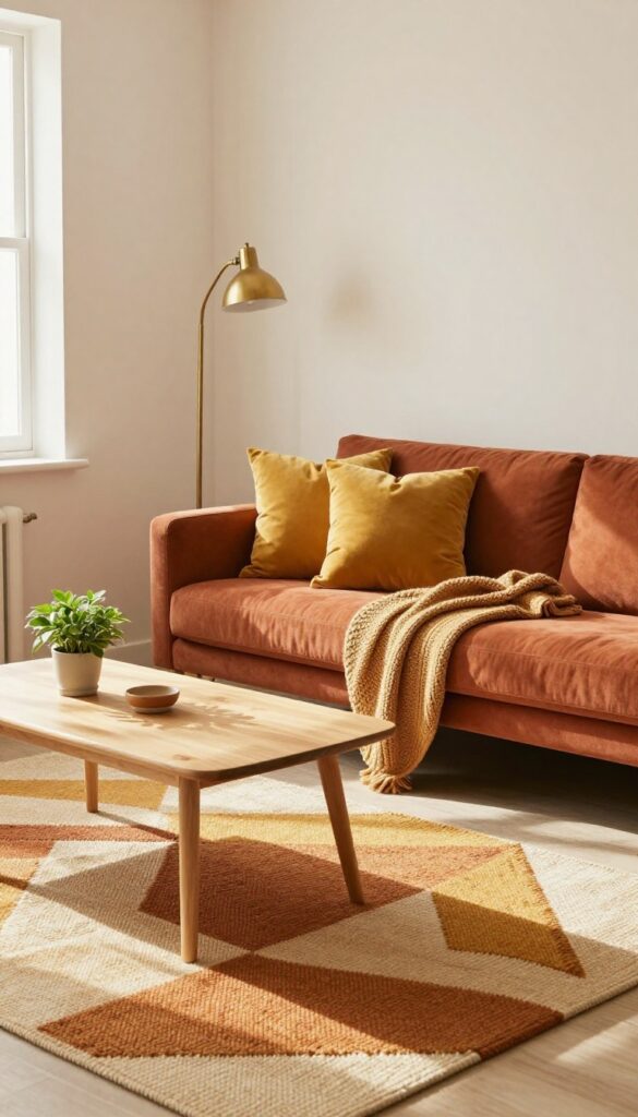 Rust sofa with mustard yellow pillows and ochre blanket in a bright, cozy living room with neutral walls and wood accents.