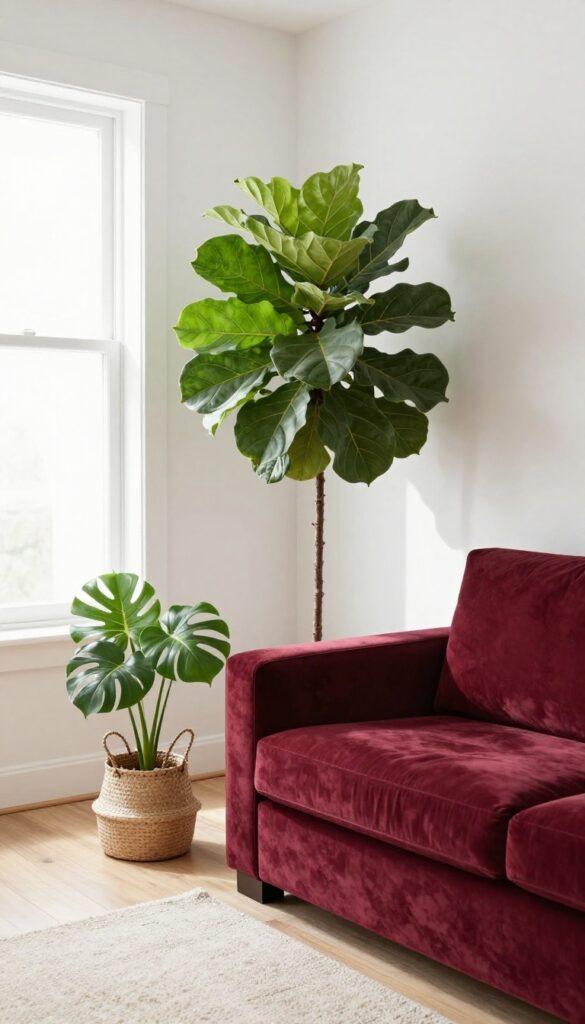Burgundy velvet sofa with tall fiddle leaf fig and monstera plants in a bright, airy living room
