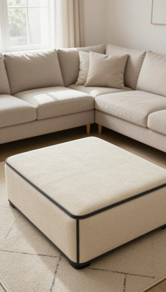 Round carpet layered over a storage ottoman in a bright living room