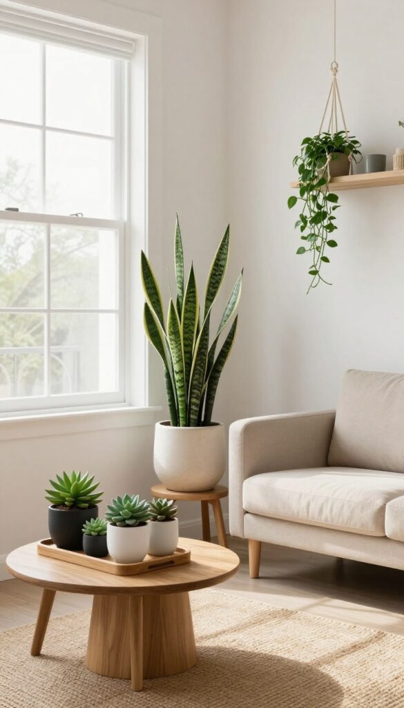 Living room corner with snake plant, succulents, and trailing pothos in thrifted pots on wooden stool and coffee table, bright natural light, neutral decor