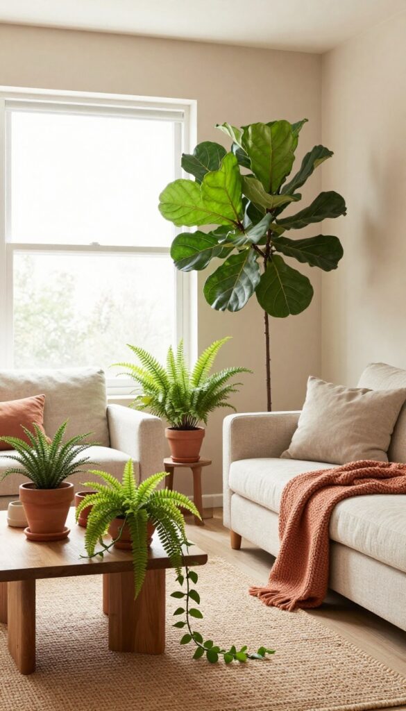 A living room with taupe walls, terracotta accents, and green plants grouped on a coffee table, creating a warm earthy boho style.