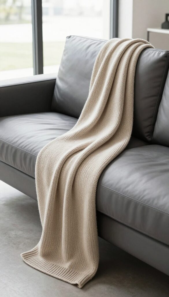 Modern living room with clean lines and a chunky knit throw blanket draped over a leather sofa, adding texture and warmth.