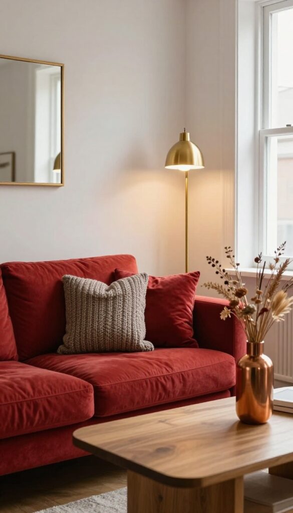 Cozy living room with red sofa, brass lamp, copper vase, and gold-framed mirror in warm natural light.
