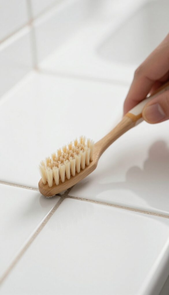 Hand scrubbing tile grout with a toothbrush