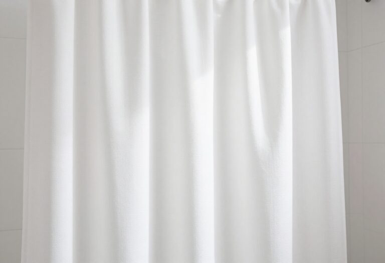 Clean white shower curtain in a bright bathroom with natural light