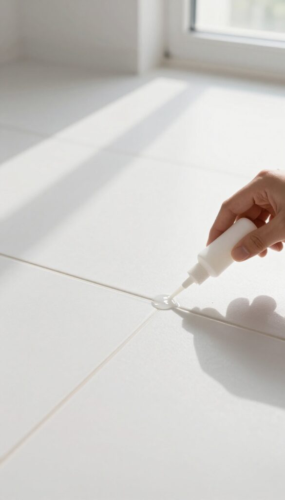 Hand applying grout sealer to clean tile lines with natural light