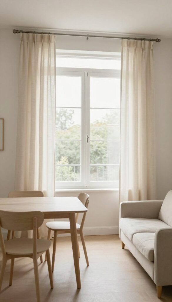 Small living-dining room with high and wide curtains, light linen fabric, neutral tones, bright natural light, uncluttered space.