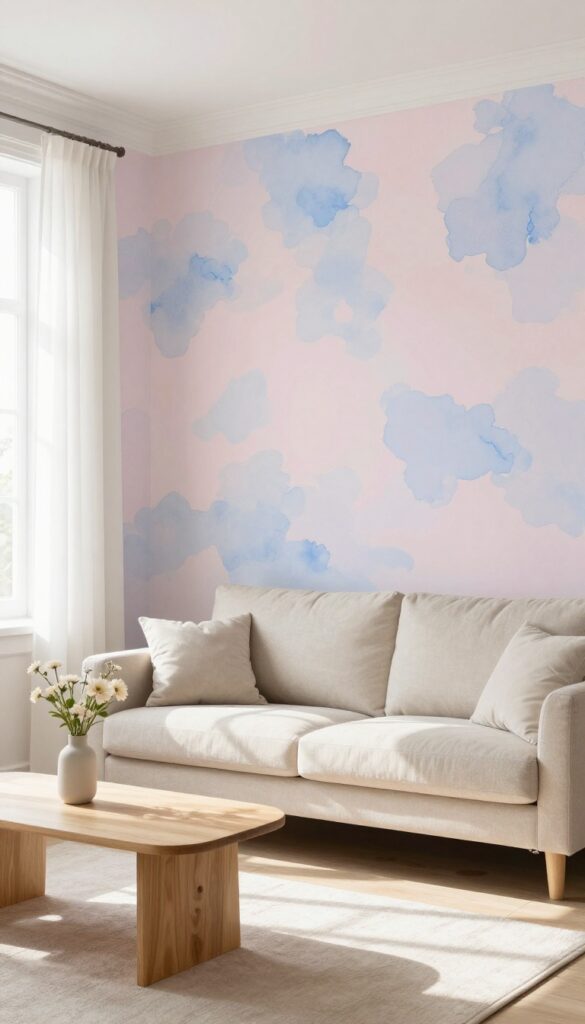 Living room with watercolor wallpaper accent wall in soft blush and blue, light sofa, sheer curtains, natural light.