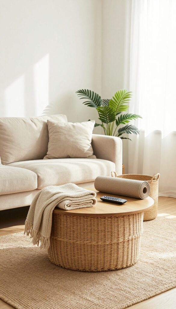 Tiny living room with woven baskets under coffee table and beside sofa for stylish storage