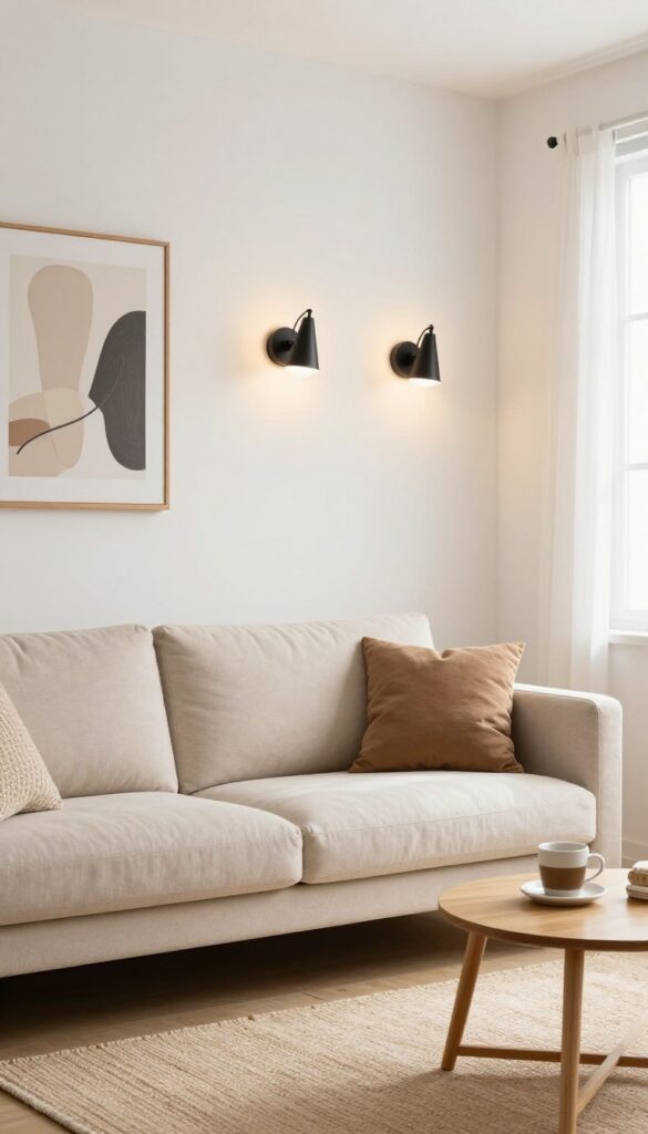 Tiny living room with wall-mounted swing-arm sconces flanking a sofa, warm ambient lighting, and minimal decor.