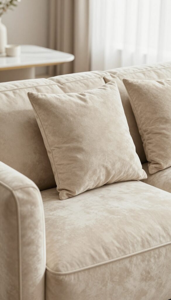 Close-up of a beige performance velvet sofa with tufted back and throw pillows in a bright living room