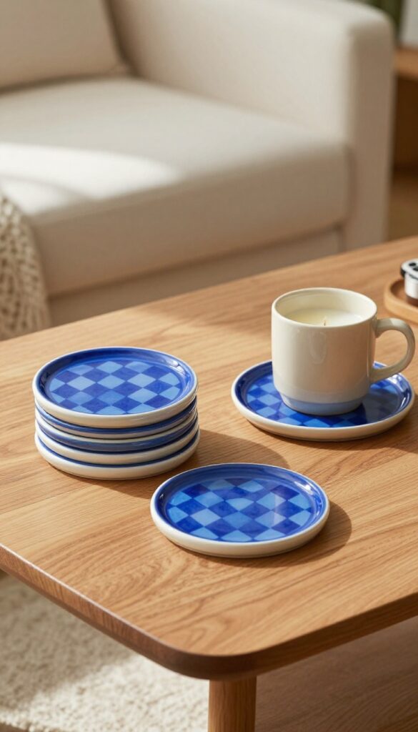 Diamond ore coasters and tray on a wooden coffee table in a cozy living room