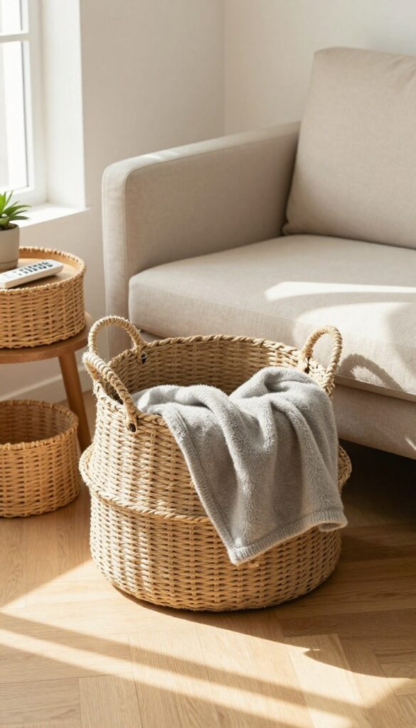 Cozy living room with woven baskets for storage and style, natural light, warm and inviting atmosphere