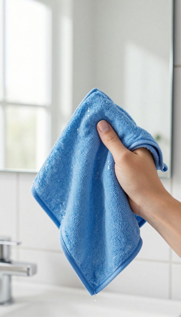 Person wiping a bathroom mirror with a microfiber cloth for a streak-free shine