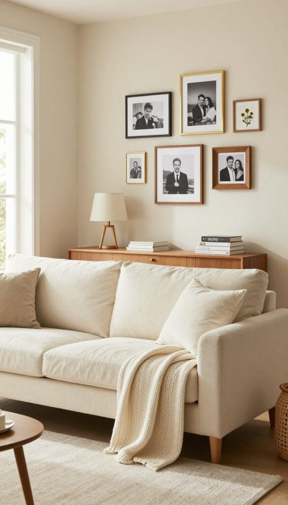 Cozy small living room with a personal photo gallery wall above a sofa, featuring mixed frames and black-and-white prints.