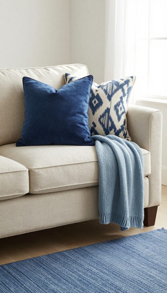 Neutral sofa layered with blue throw pillows and a chunky knit throw, indigo rug, cozy living room corner