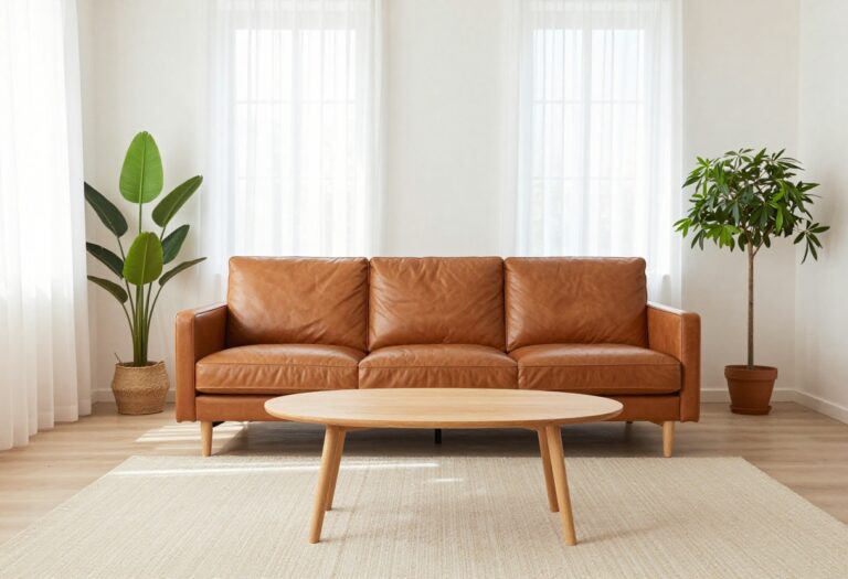 Cognac leather sofa in a small, bright living room with plants and neutral decor